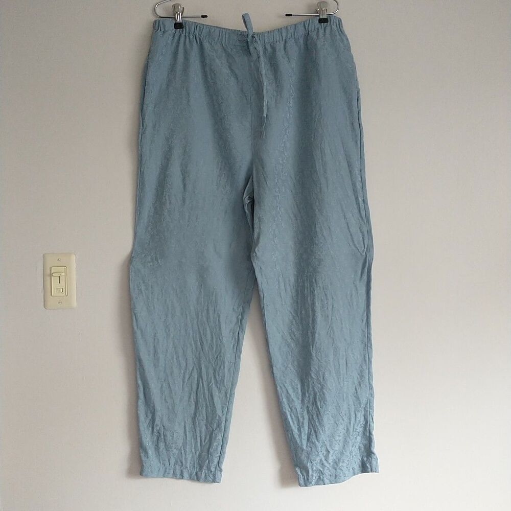 Chambers Pajama Bottom Pants Womens M Blue Floral 100%Silk Jacquard Drawstrings